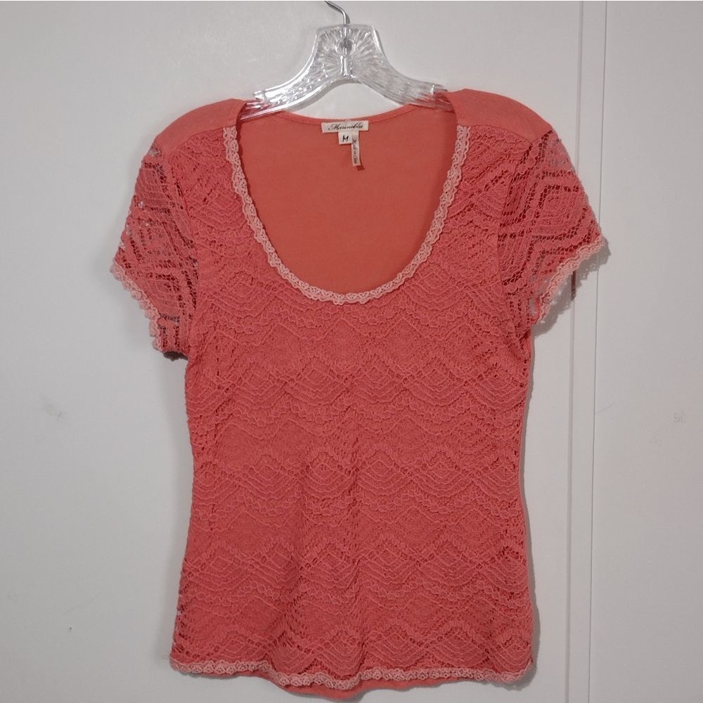 Marineblu medium Modcloth scalloped lace trim coral blouse m top